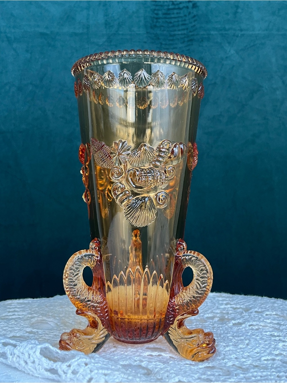 Vintage Westmoreland Amber Glass Pressed Decorative Vase with Shell Motif
